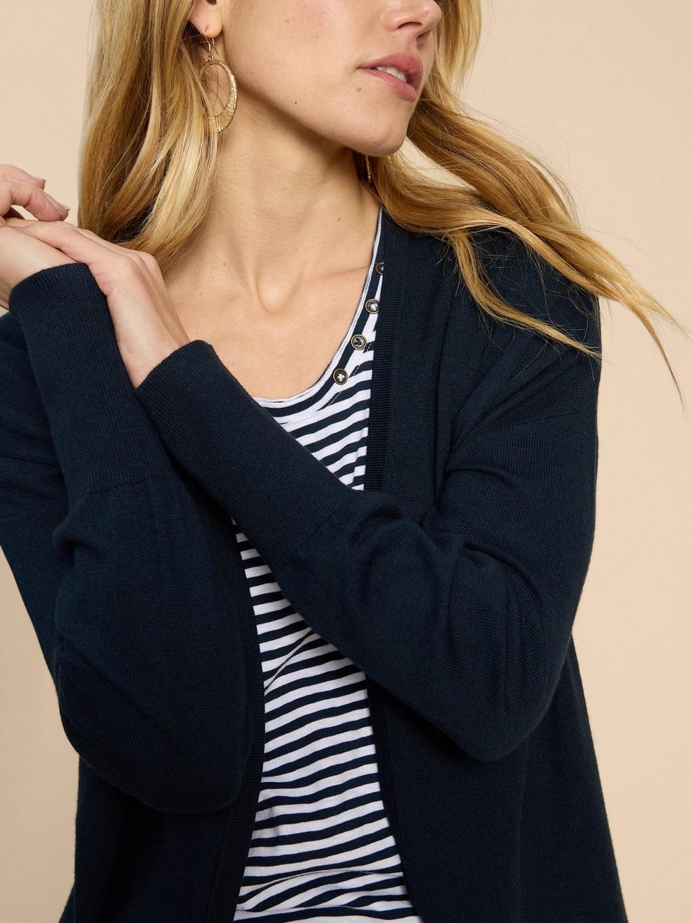 LEAH LONGLINE CARDI in DARK NAVY - MODEL FRONT