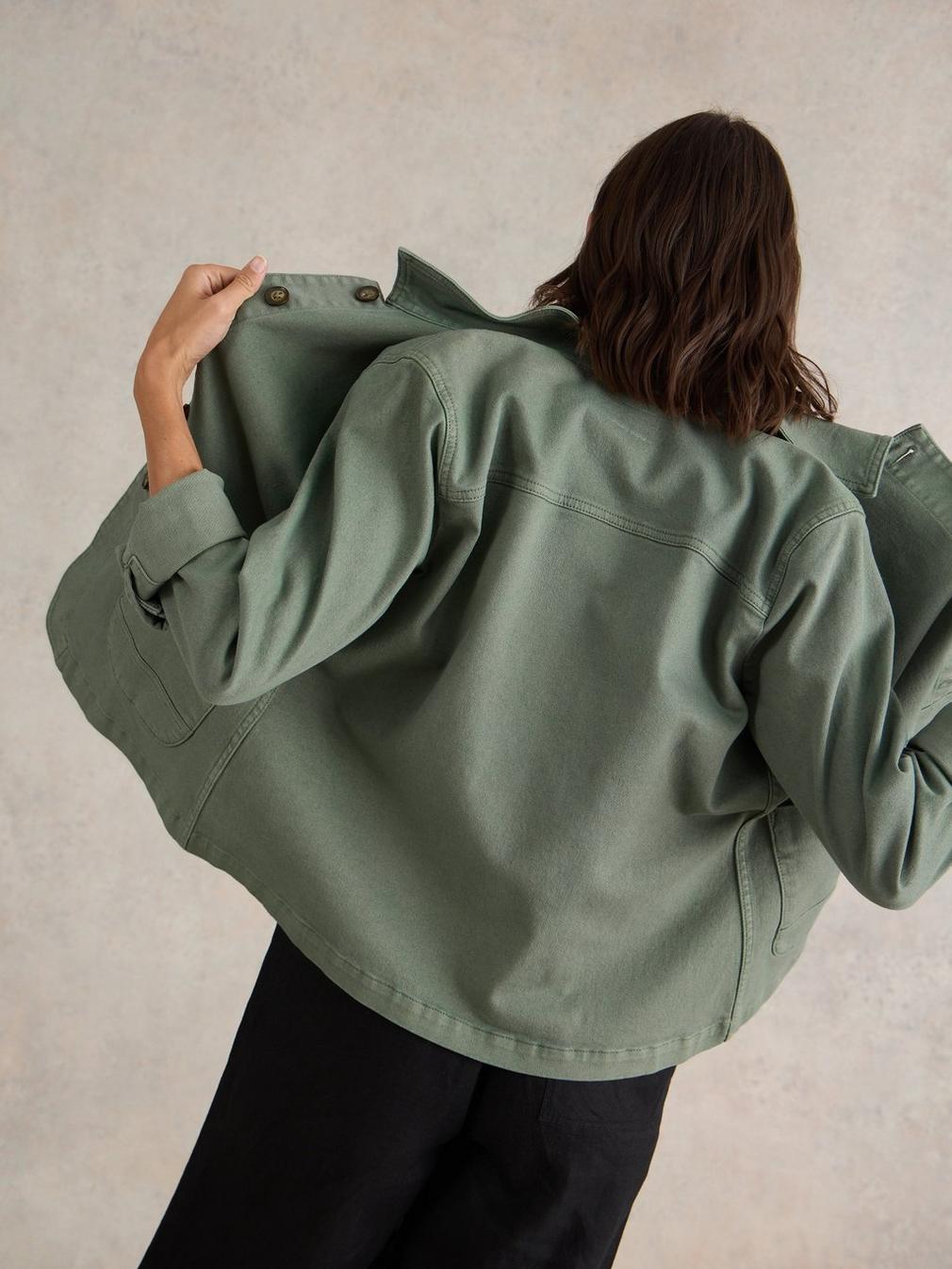 Carrie Denim Jacket in MID GREEN - MODEL BACK