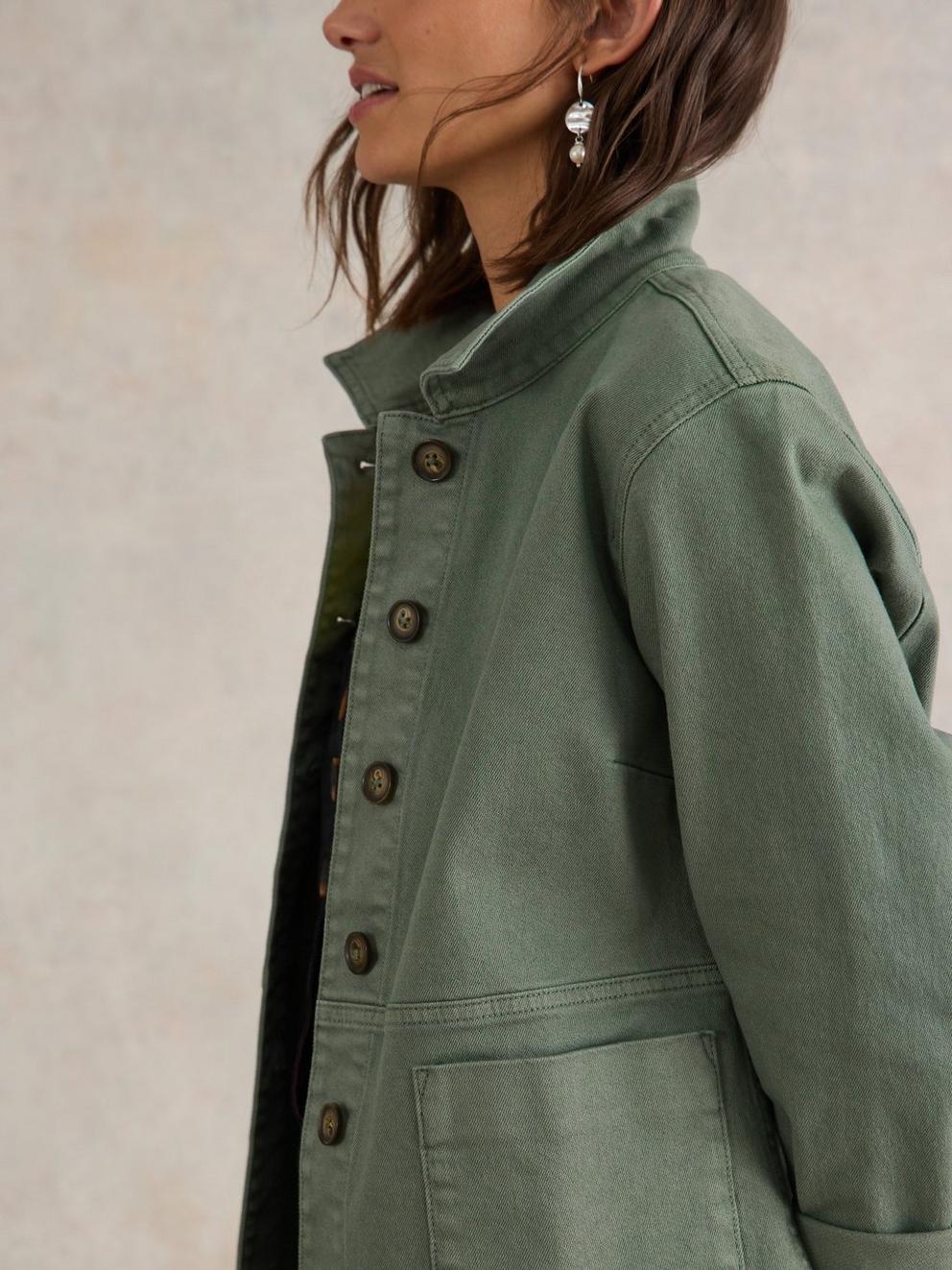 Carrie Denim Jacket in MID GREEN - MODEL DETAIL