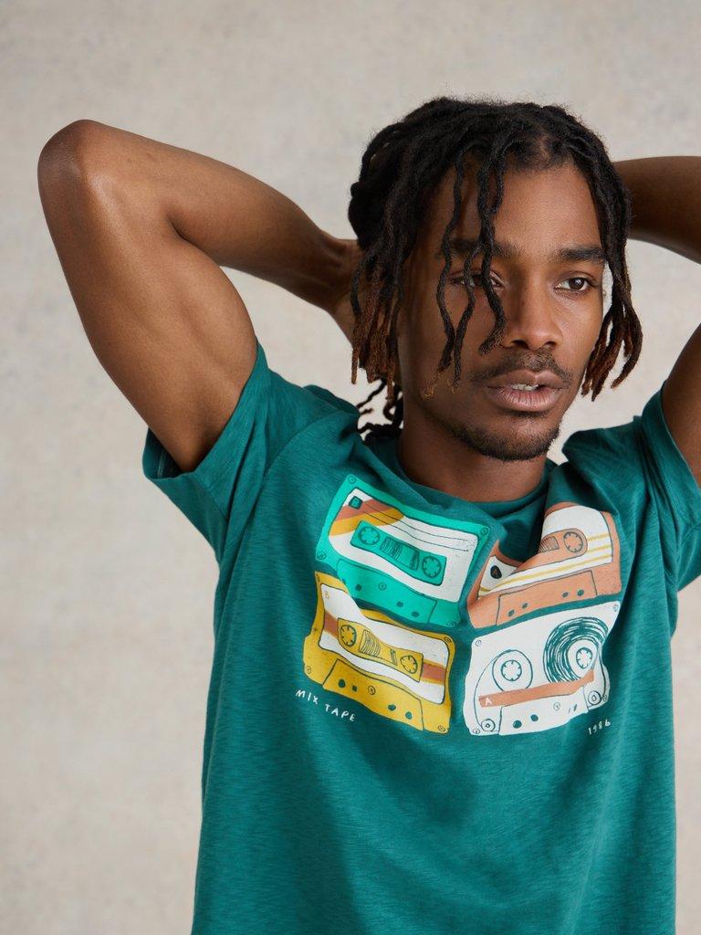 Mix Tape Graphic Tee in DK TEAL - MODEL FRONT