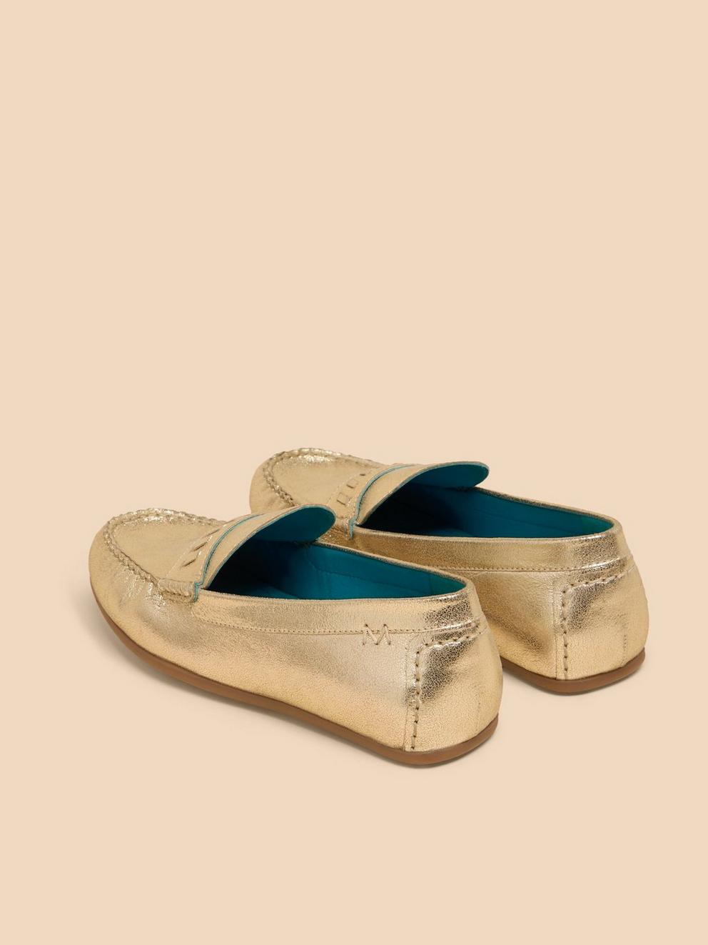 Mayflower Suede Moccasin in GLD TN MET - FLAT DETAIL