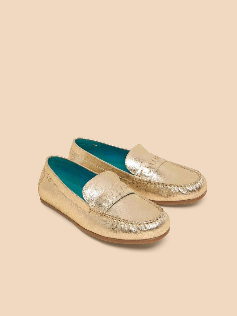 Mayflower Suede Moccasin in GLD TN MET - FLAT FRONT