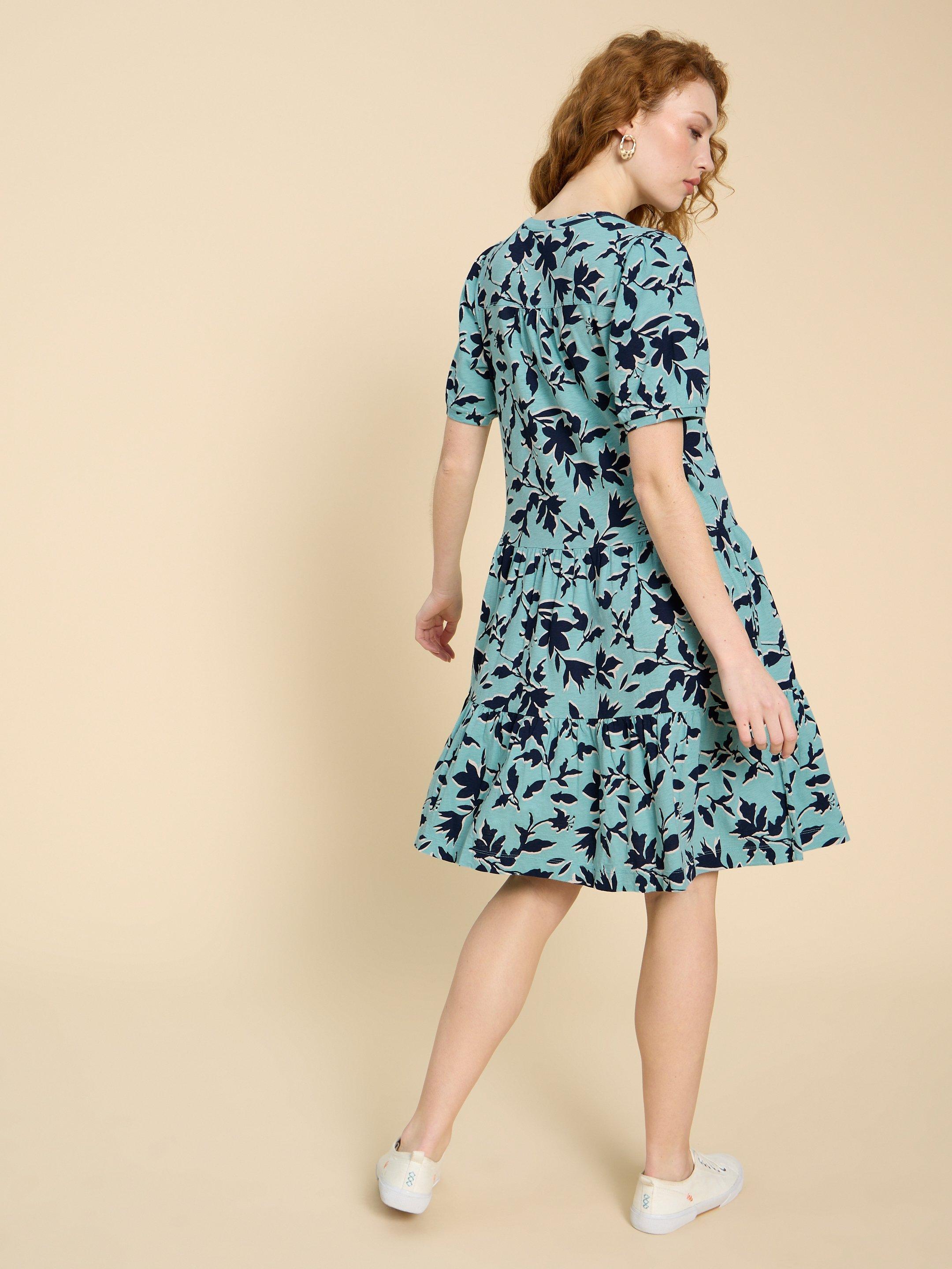 Clara Cotton Jersey Tiered Dress in TEAL PR - MODEL BACK