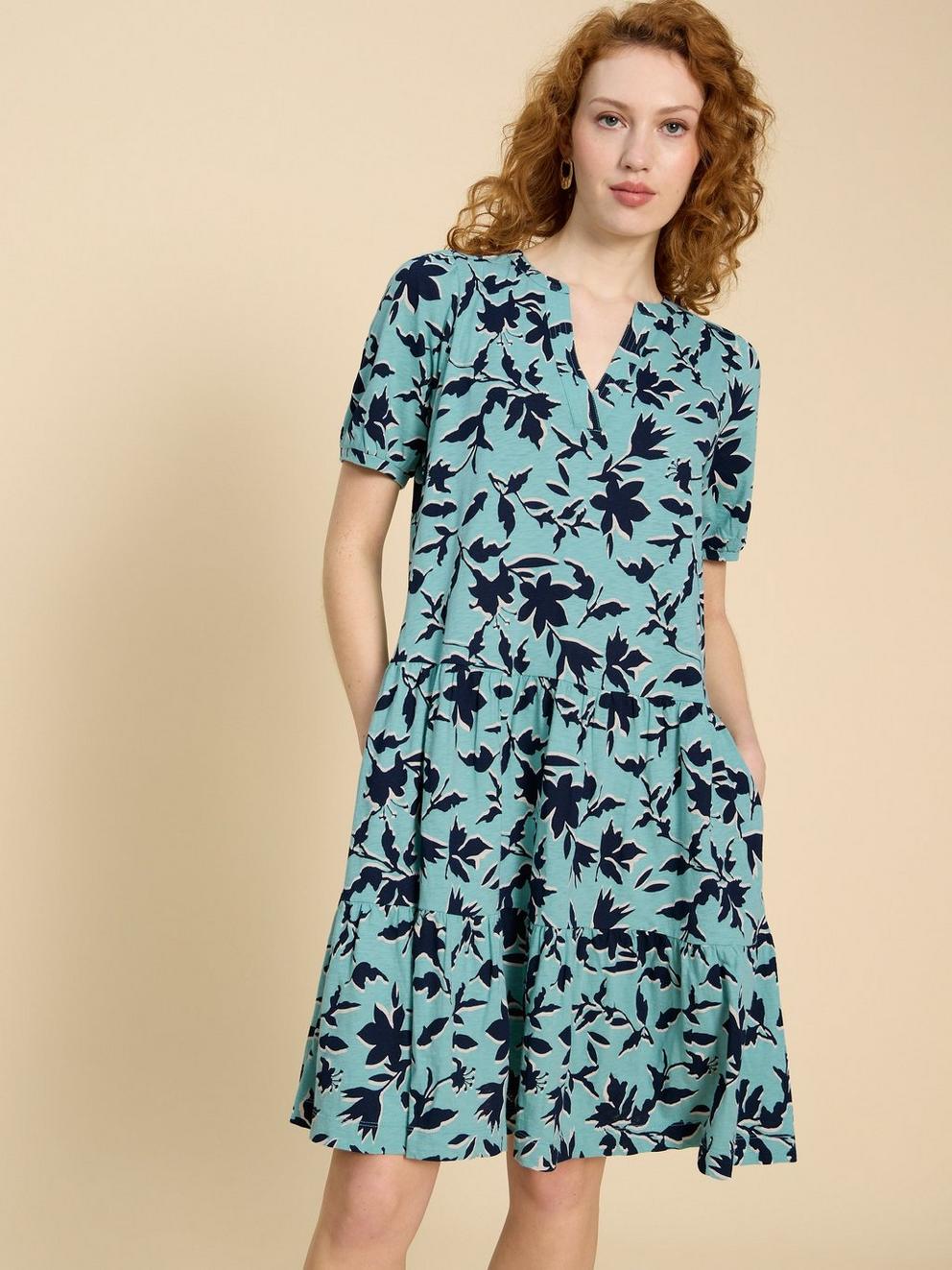 Clara Cotton Jersey Tiered Dress in TEAL PR - MODEL DETAIL