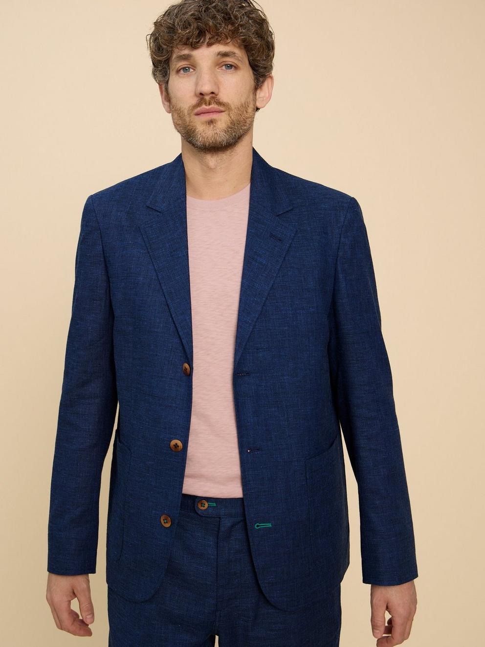 Linen Blend Blazer in DARK NAVY - MODEL FRONT