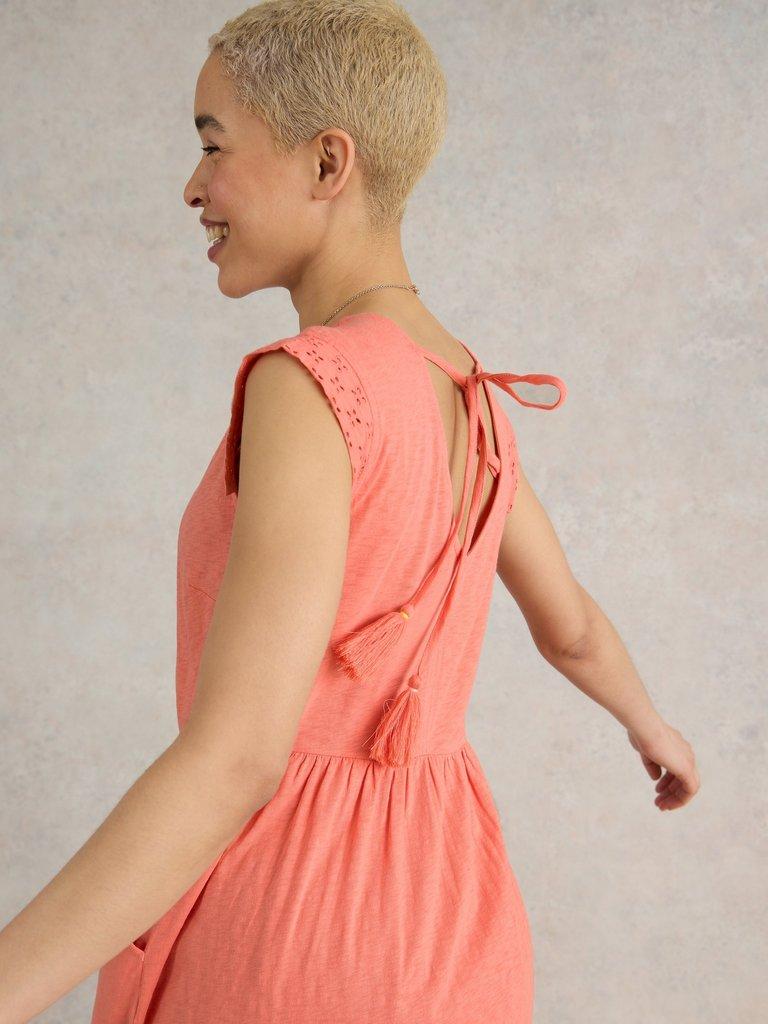 Violet Broderie Jersey Dress in BRT ORANGE - MODEL DETAIL