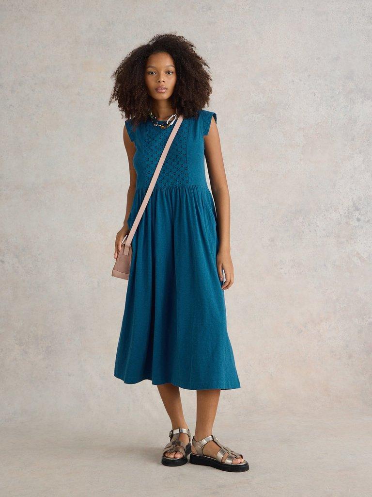 Violet Broderie Jersey Dress in MID BLUE - MODEL FRONT