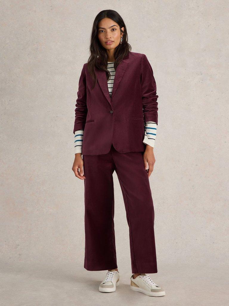 Evelyn Velvet Blazer in DK PLUM - MODEL FRONT
