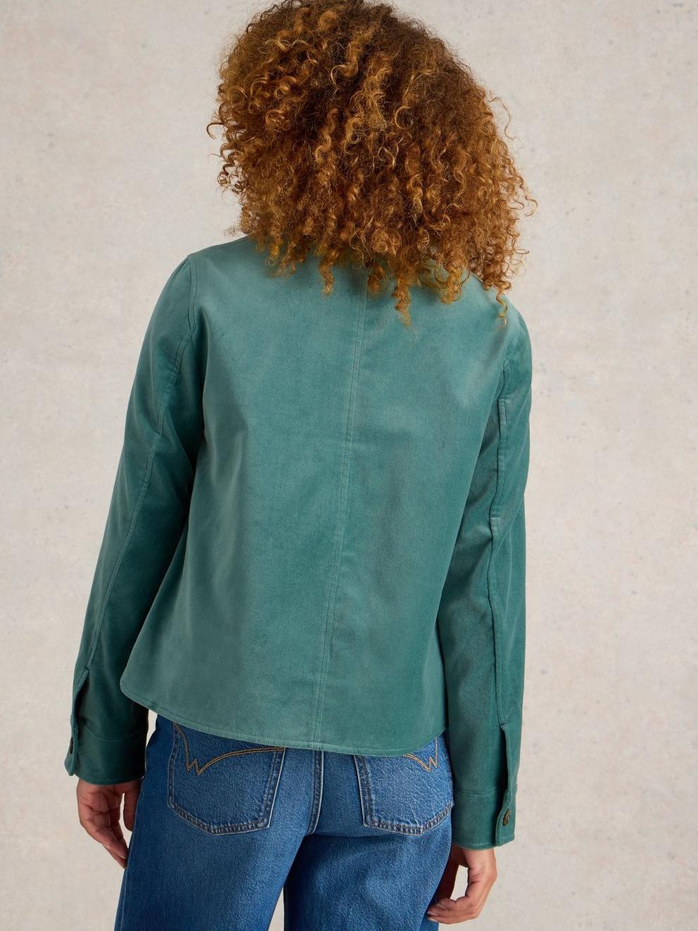 Amelia Velvet Jacket in DUS GREEN - MODEL BACK