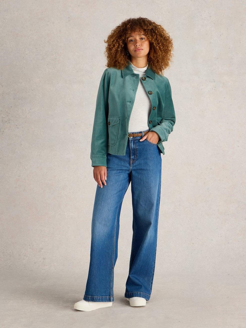 Amelia Velvet Jacket in DUS GREEN - MODEL FRONT