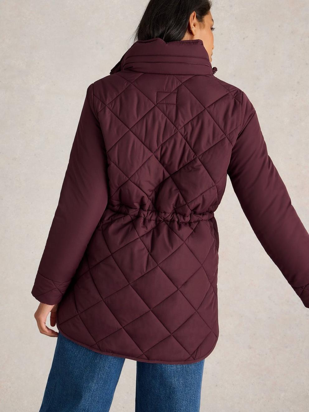 Emilia Quilted Collared Coat in DK PLUM - MODEL BACK