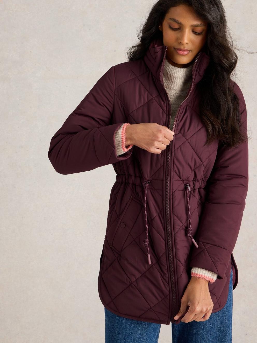 Emilia Quilted Collared Coat in DK PLUM - MODEL DETAIL