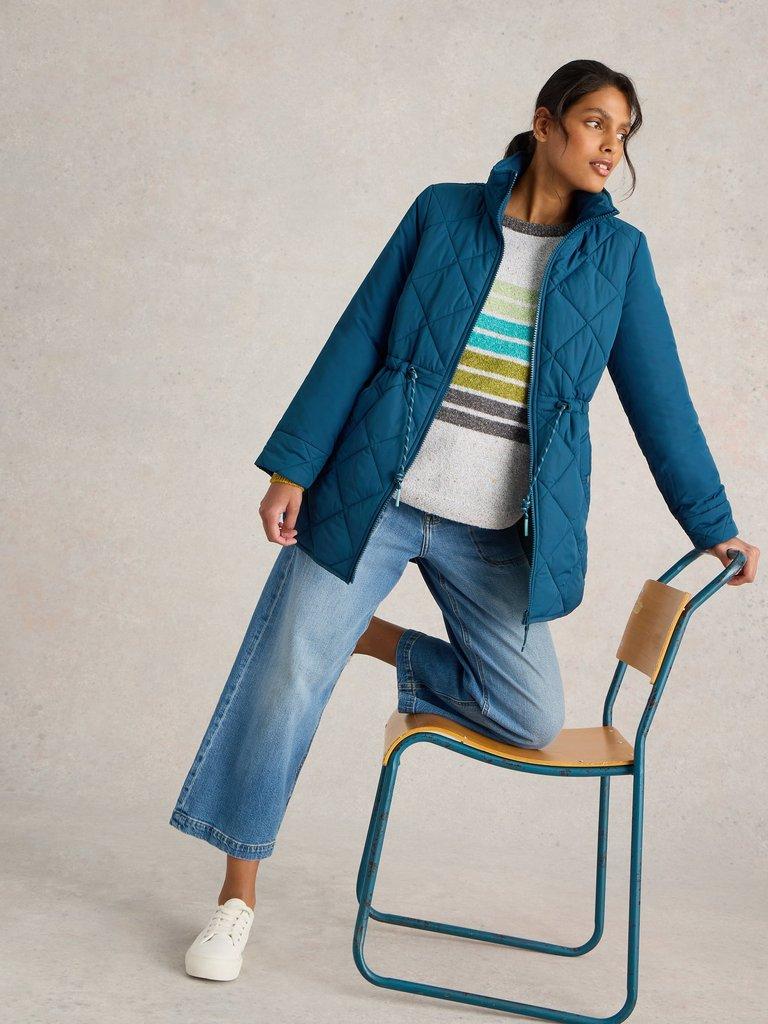 Emilia Quilted Collared Coat in DK TEAL - LIFESTYLE