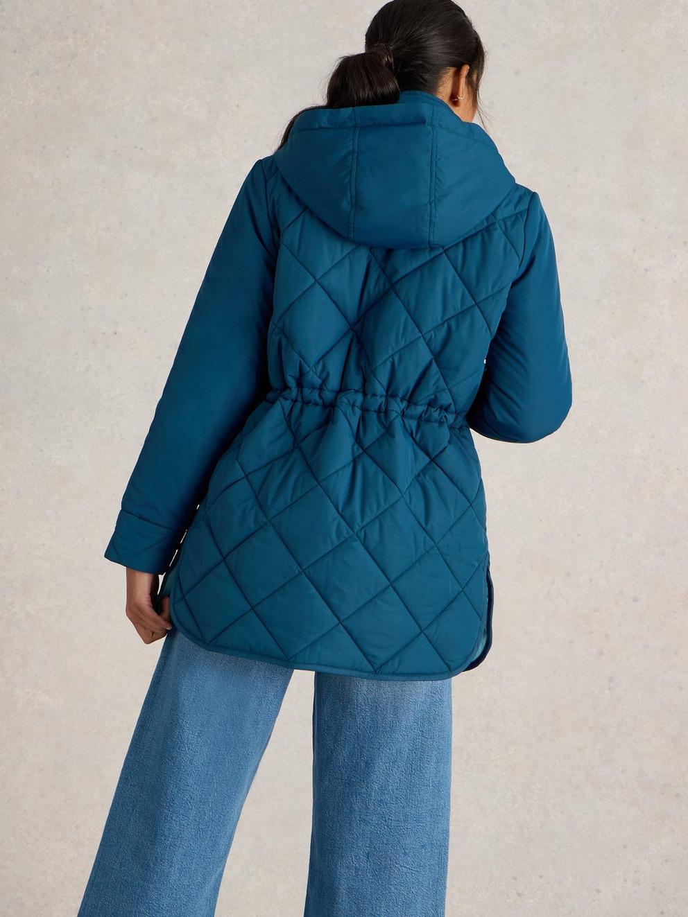 Emilia Quilted Collared Coat in DK TEAL - MODEL BACK