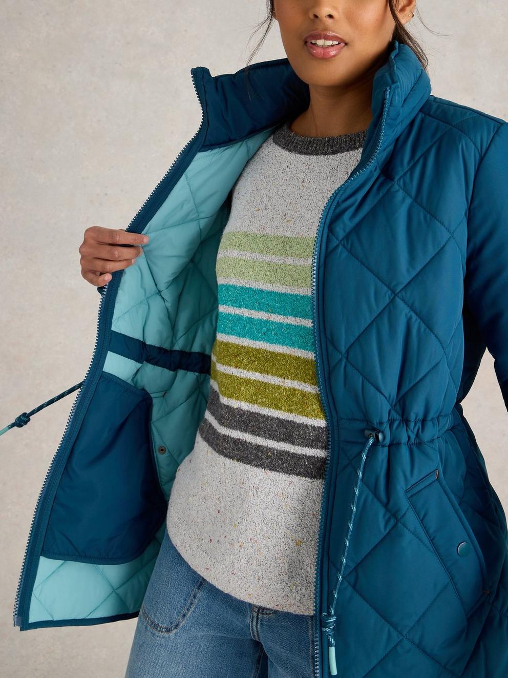 Emilia Quilted Collared Coat in DK TEAL - MODEL DETAIL