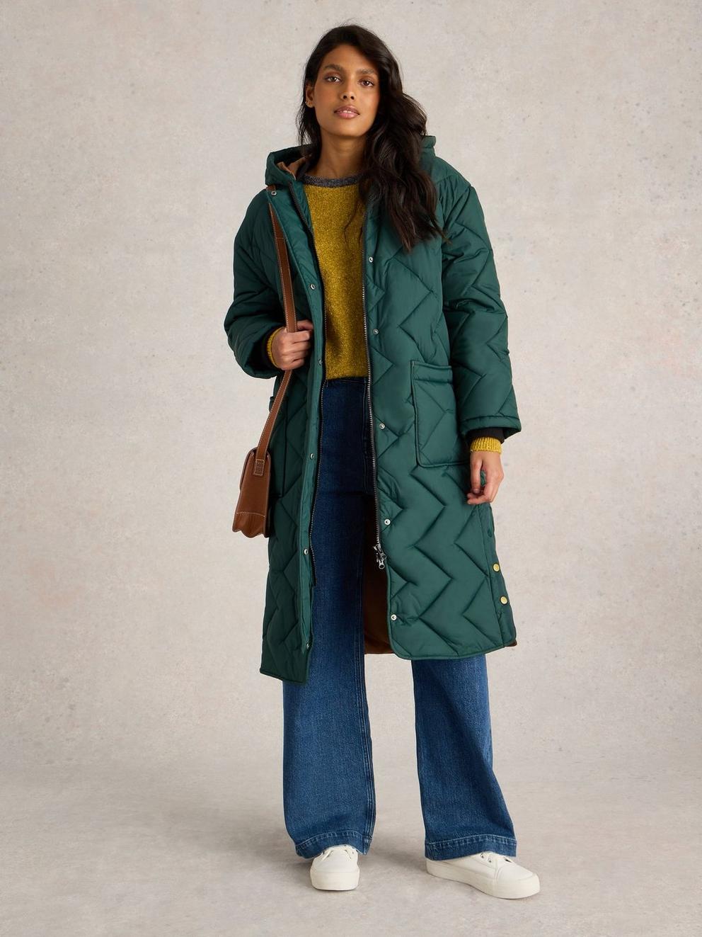 Sloane Quilted Coat in DK GREEN - MODEL FRONT