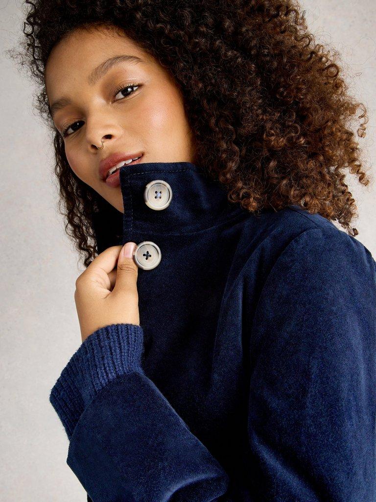 Karla Velvet Coat in DARK NAVY - MODEL DETAIL