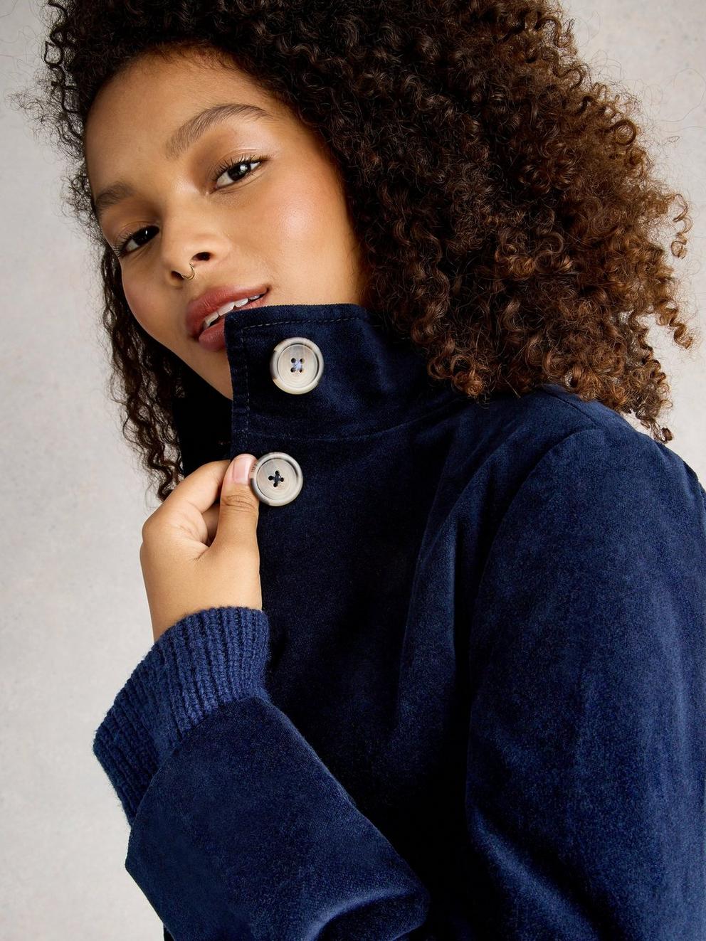 Karla Velvet Coat in DARK NAVY - MODEL DETAIL