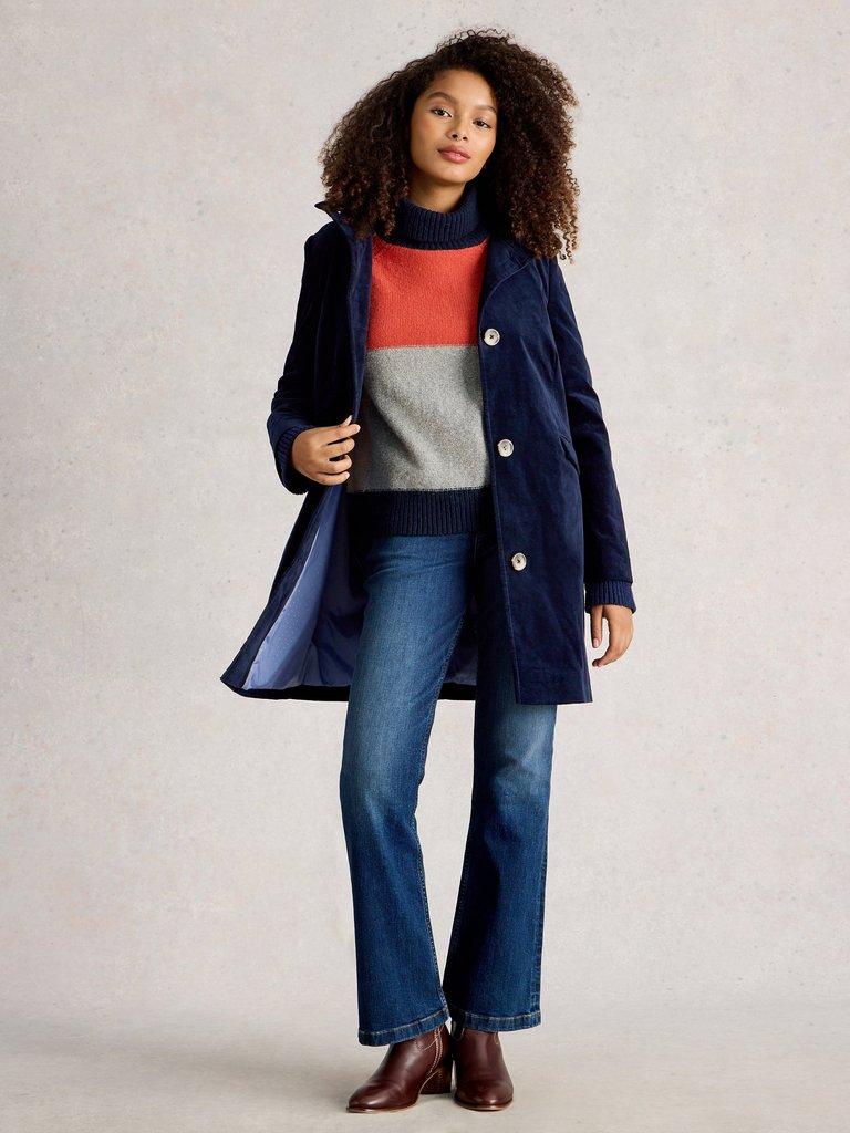 Karla Velvet Coat in DARK NAVY - MODEL FRONT