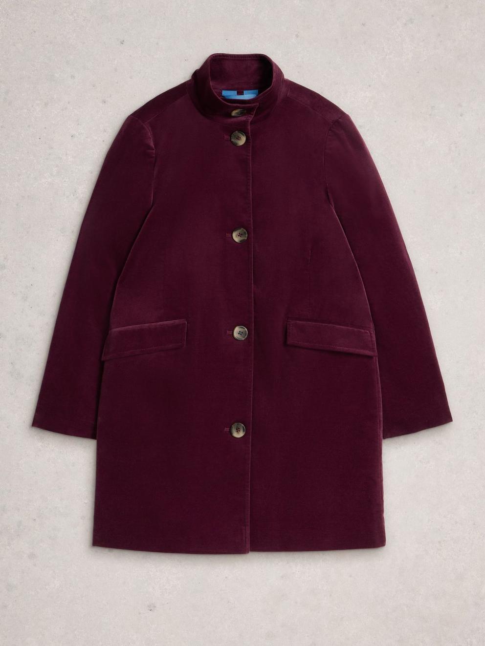 Karla Velvet Coat in DK PLUM - FLAT FRONT