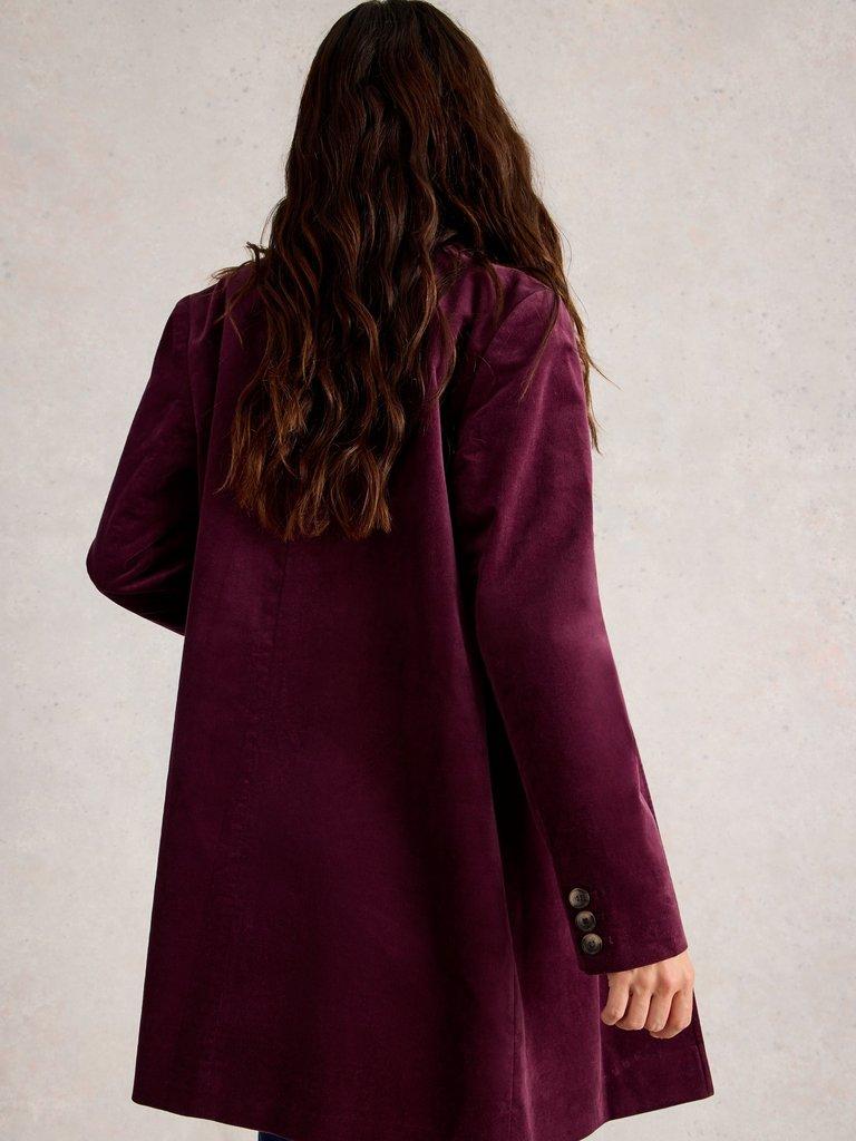 Karla Velvet Coat in DK PLUM - MODEL BACK