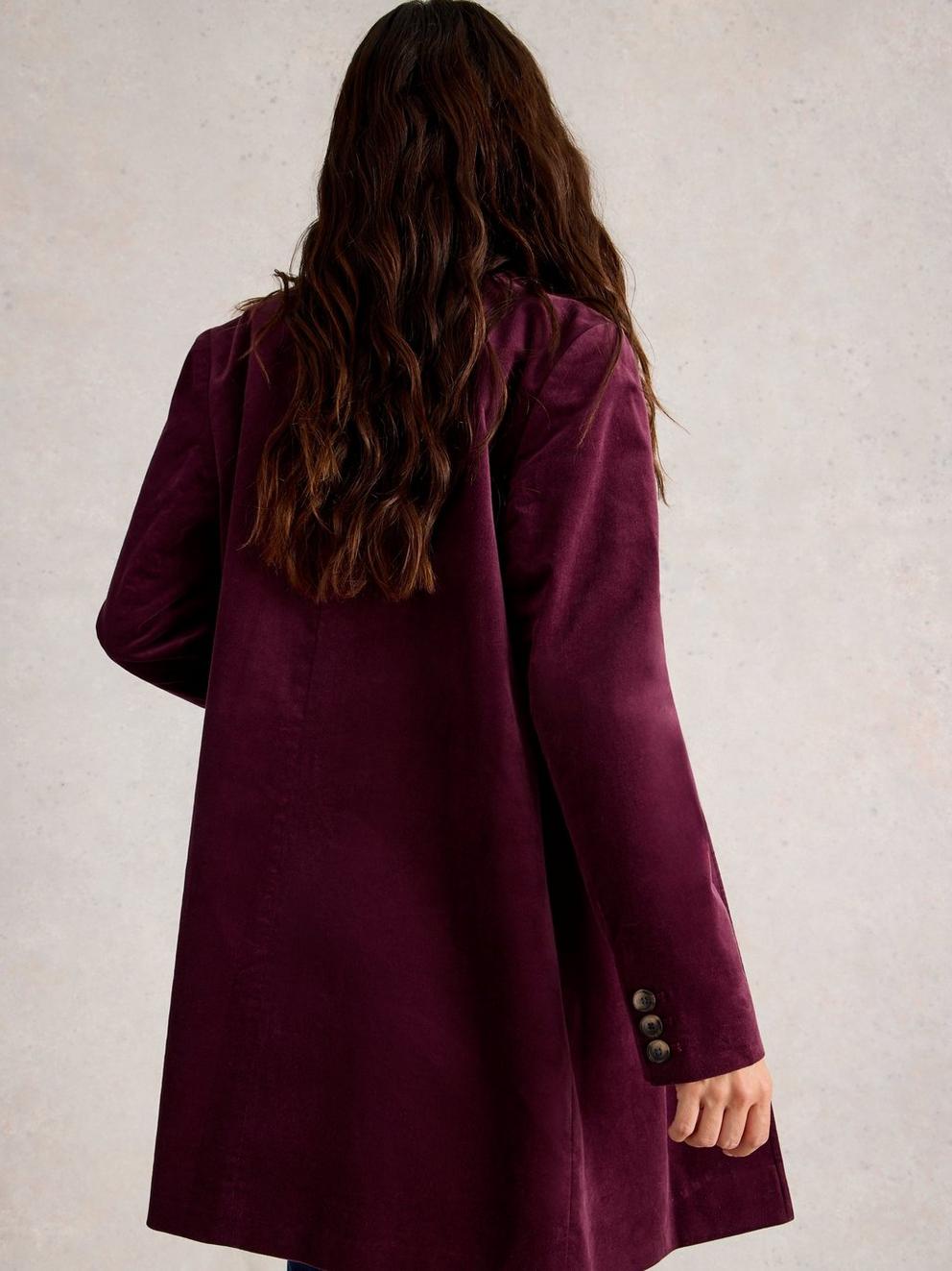 Karla Velvet Coat in DK PLUM - MODEL BACK
