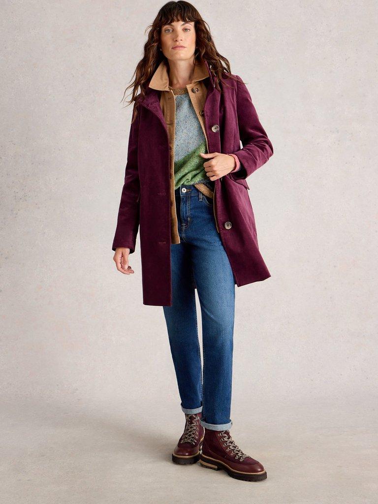 Karla Velvet Coat in DK PLUM - MODEL FRONT