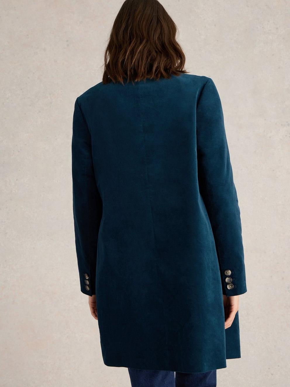 Karla Velvet Coat in DK TEAL - MODEL BACK