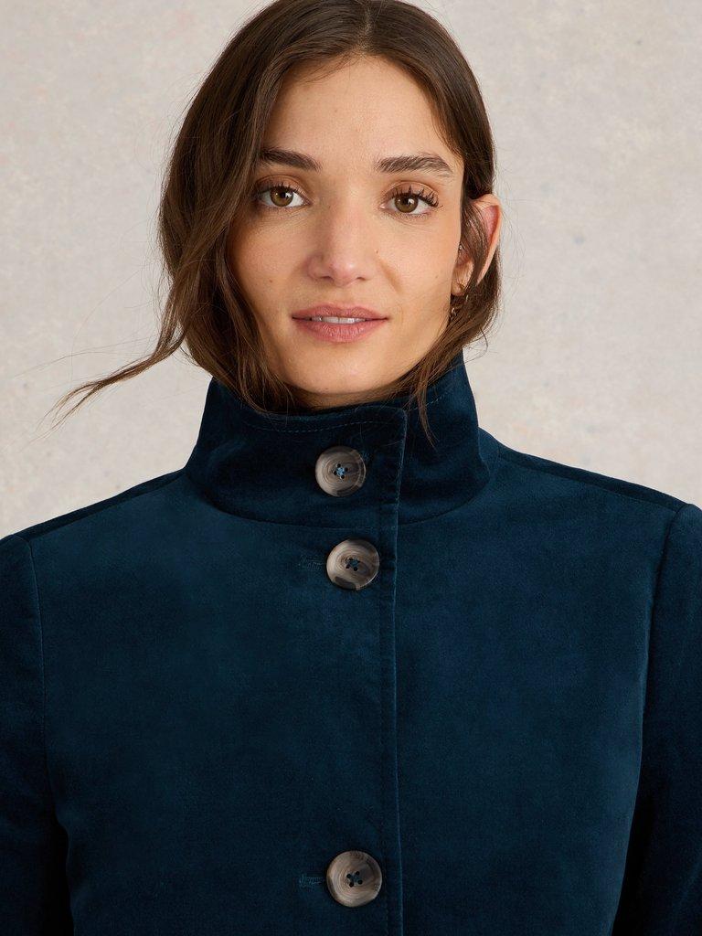 Karla Velvet Coat in DK TEAL - MODEL DETAIL