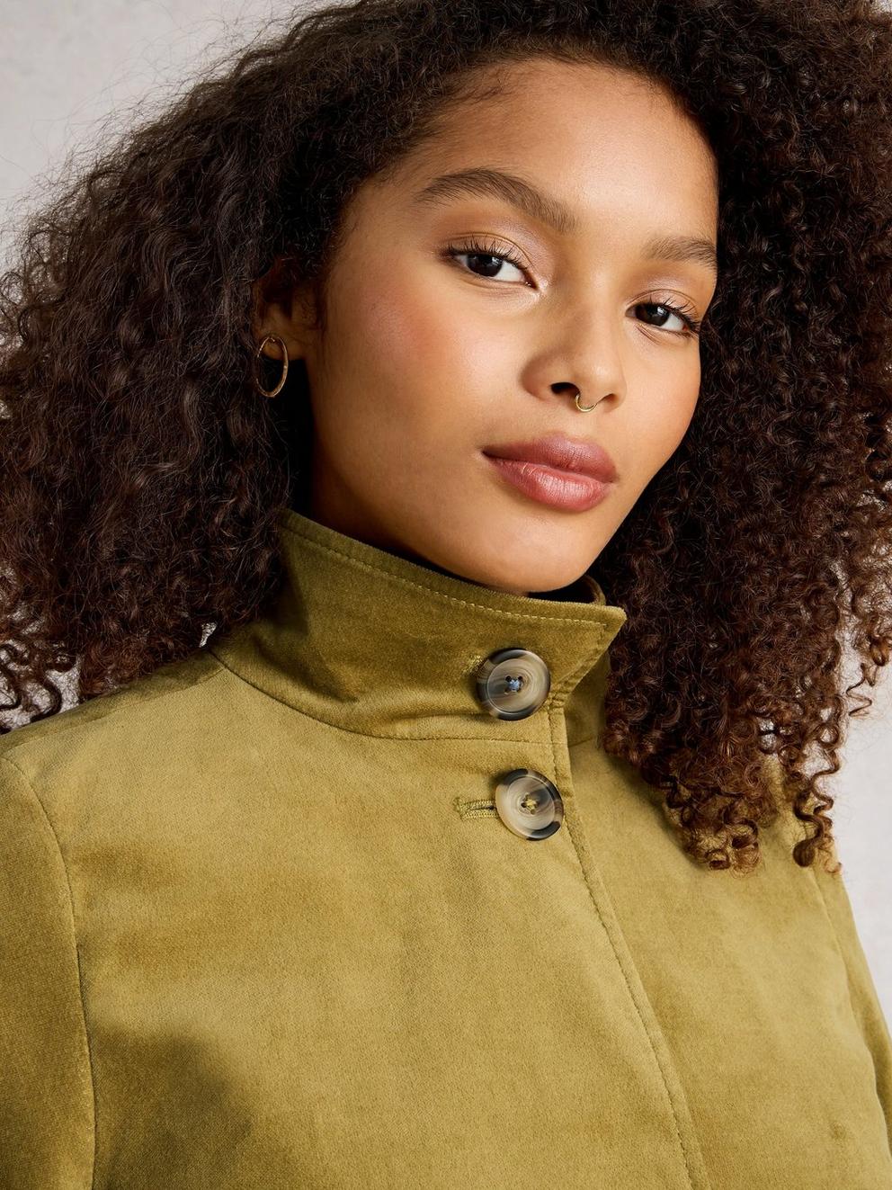 Karla Velvet Coat in KHAKI GRN - MODEL DETAIL