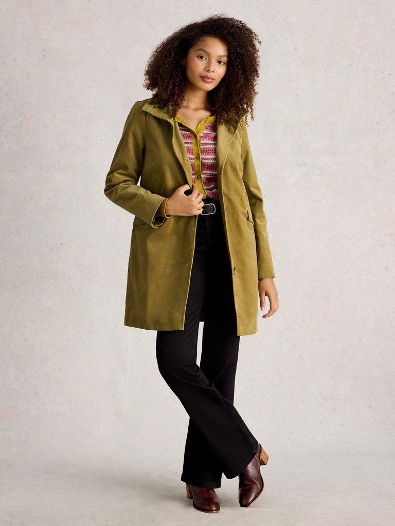 Karla Velvet Coat in KHAKI GRN - MODEL FRONT