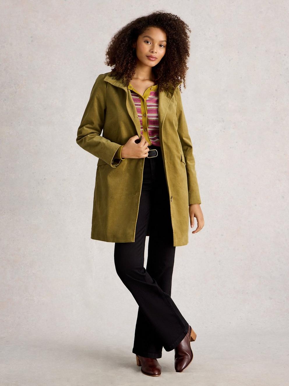 Karla Velvet Coat in KHAKI GRN - MODEL FRONT