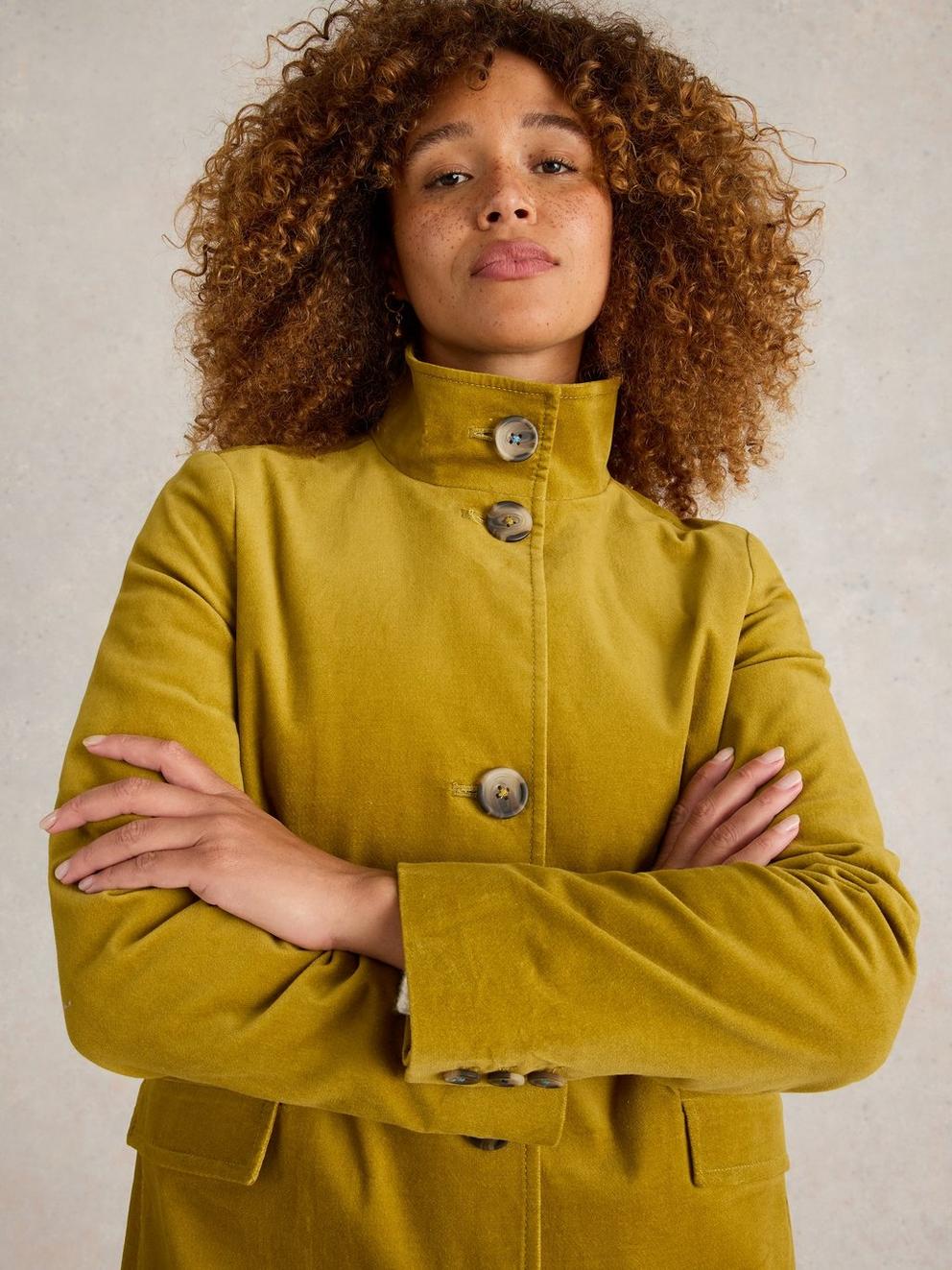 Karla Velvet Coat in MID CHART - MODEL DETAIL