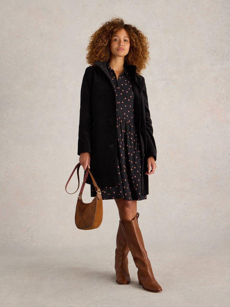 Karla Velvet Coat in PURE BLK - MODEL FRONT