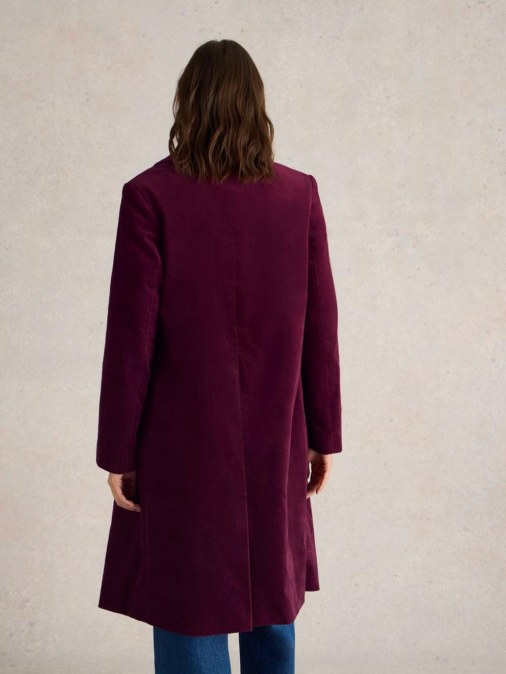 Kamila Velvet Coat in DK PLUM - MODEL BACK