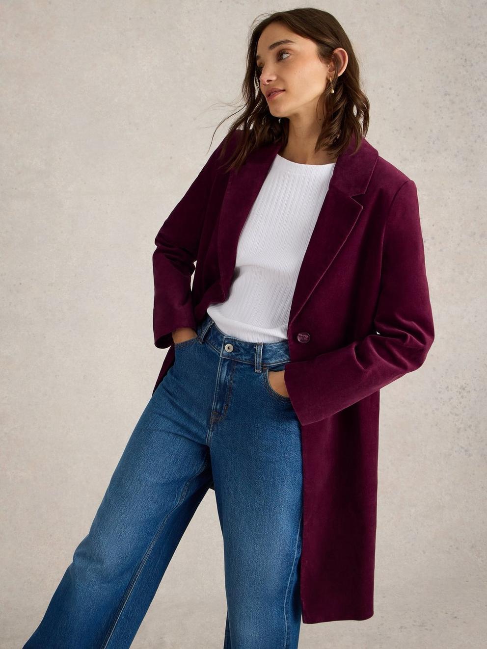 Kamila Velvet Coat in DK PLUM - MODEL DETAIL
