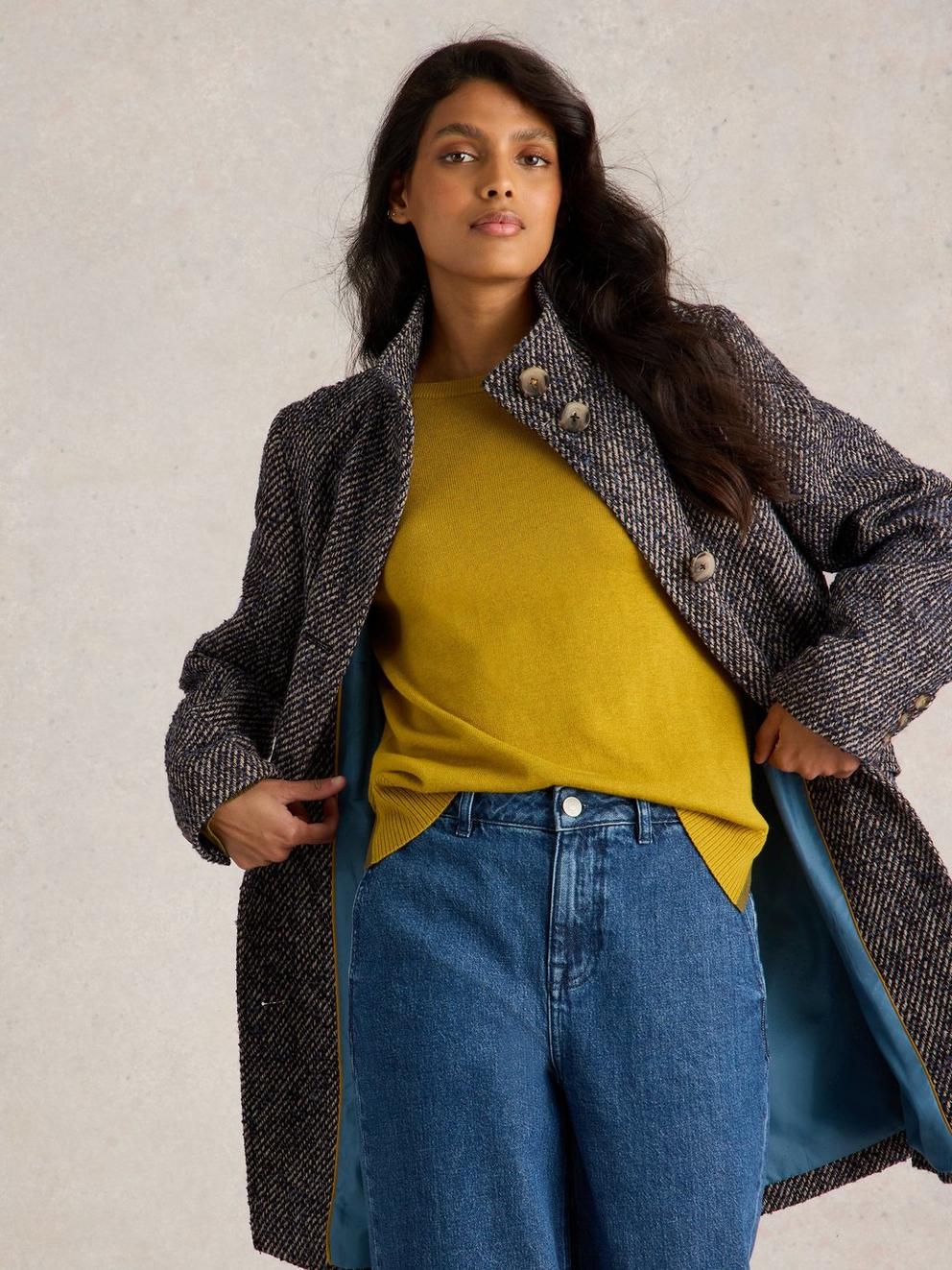 Karla Tweedy Coat in NAVY MULTI - MODEL DETAIL