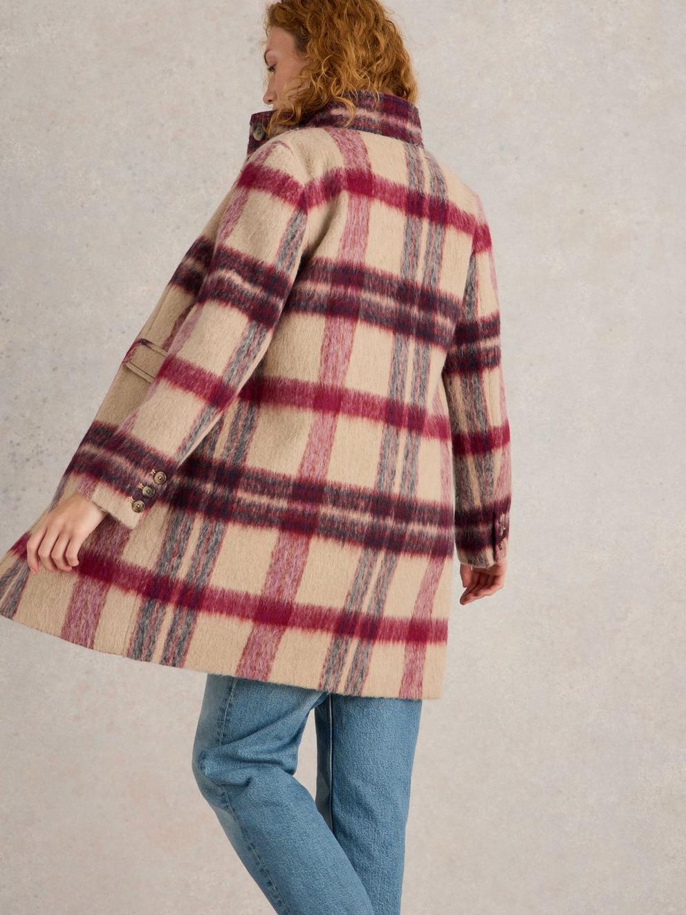 Karla Check Coat in PLUM MLT - MODEL BACK