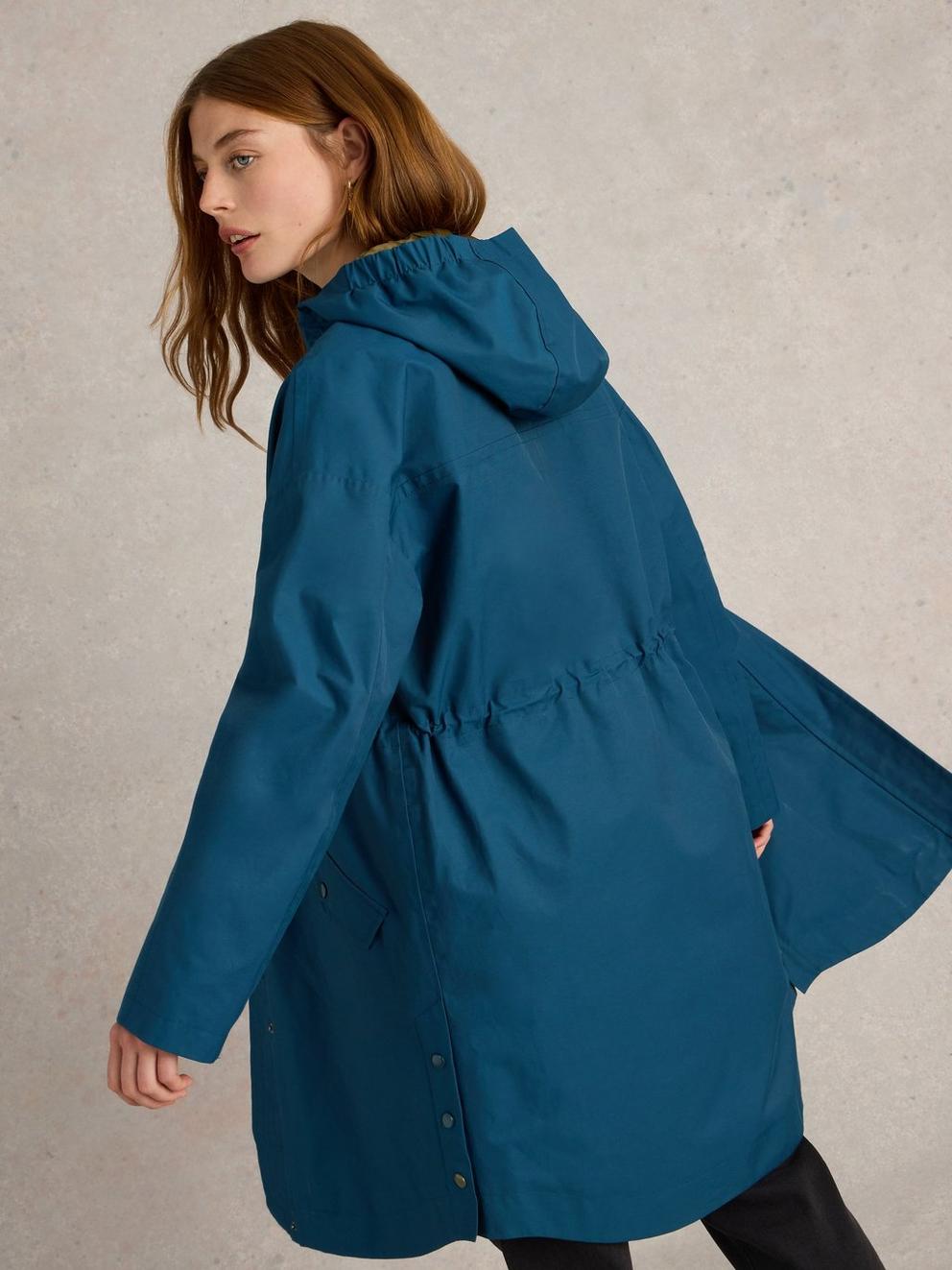 Winnie Waterproof Coat in DK TEAL - MODEL BACK