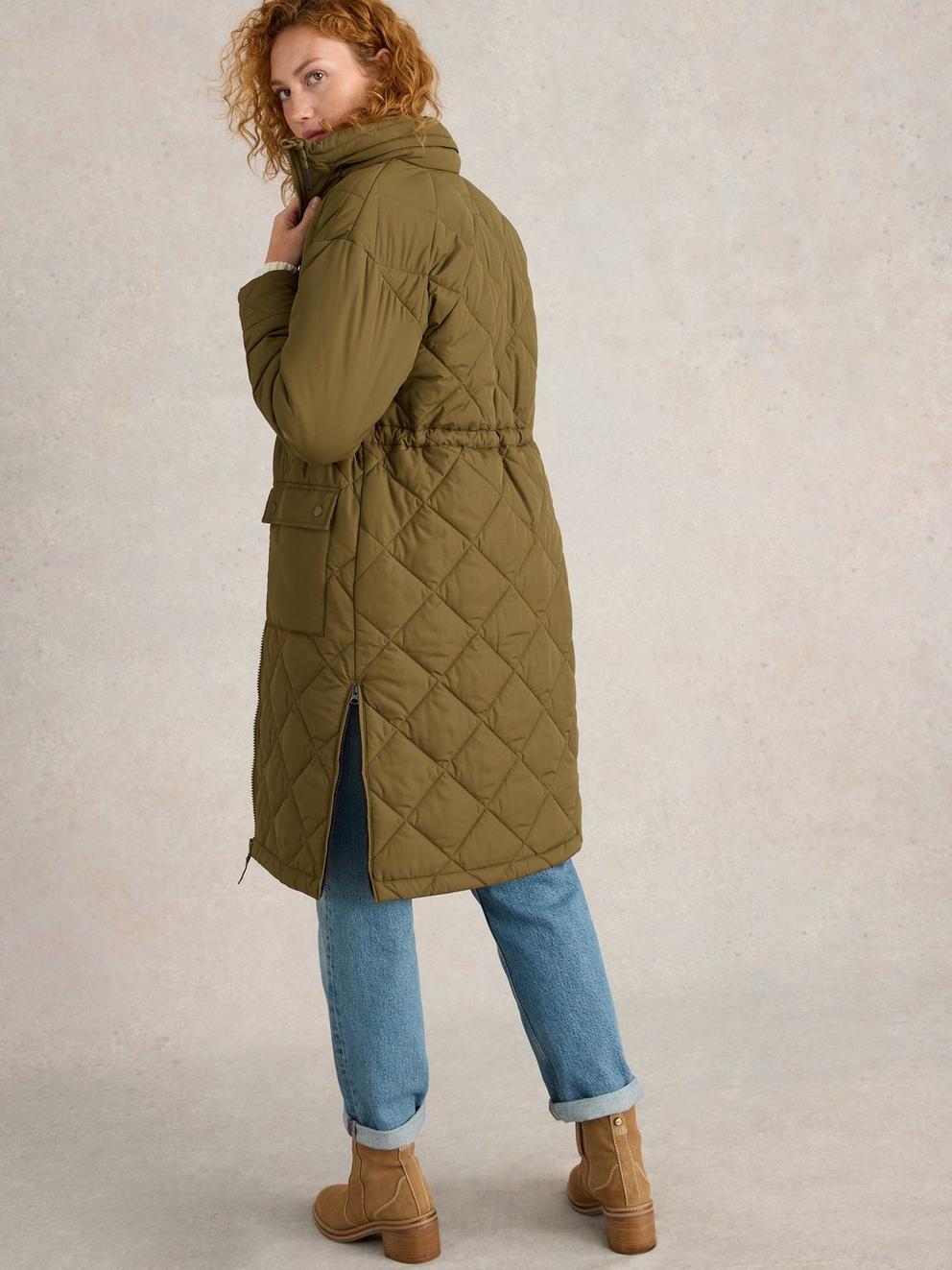 Lorena Quilted Coat in KHAKI GRN - MODEL BACK