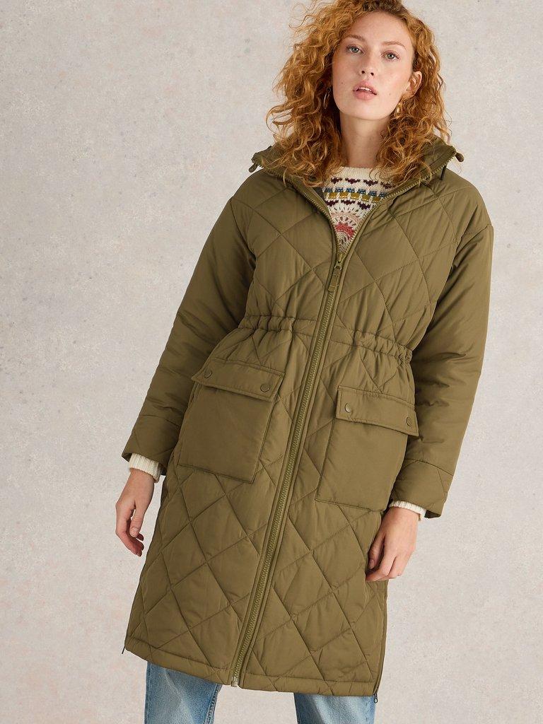 Lorena Quilted Coat in KHAKI GRN - MODEL DETAIL