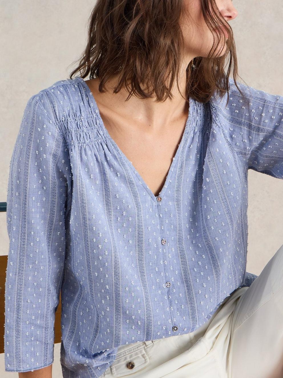 Rae Organic Cotton V Neck Top in CHAMB BLUE - MODEL DETAIL