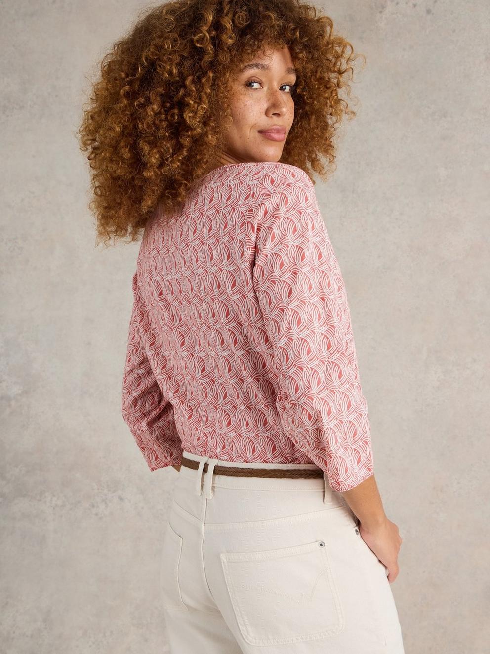 Rae Organic Cotton V Neck Top in PINK MLT - MODEL BACK