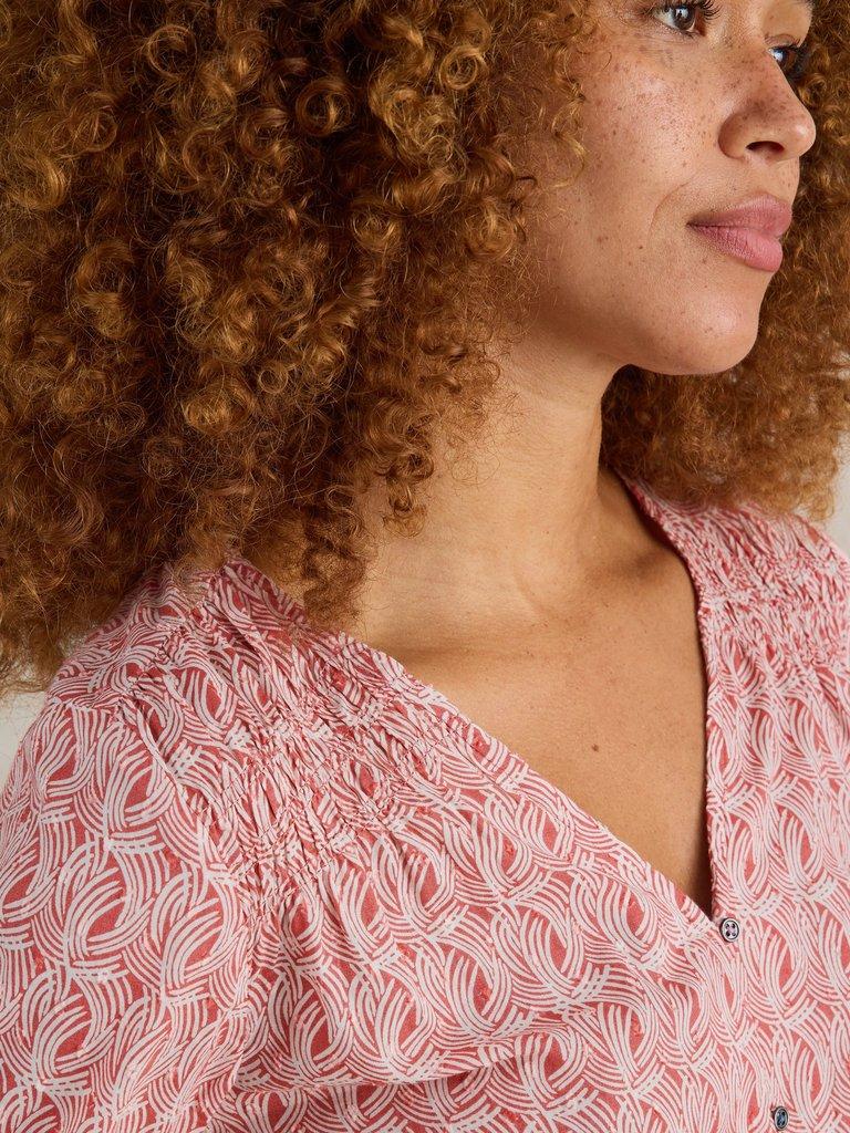 Rae Organic Cotton V Neck Top in PINK MLT - MODEL DETAIL