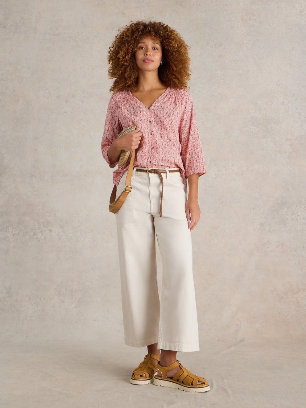 Rae Organic Cotton V Neck Top in PINK MLT - MODEL FRONT