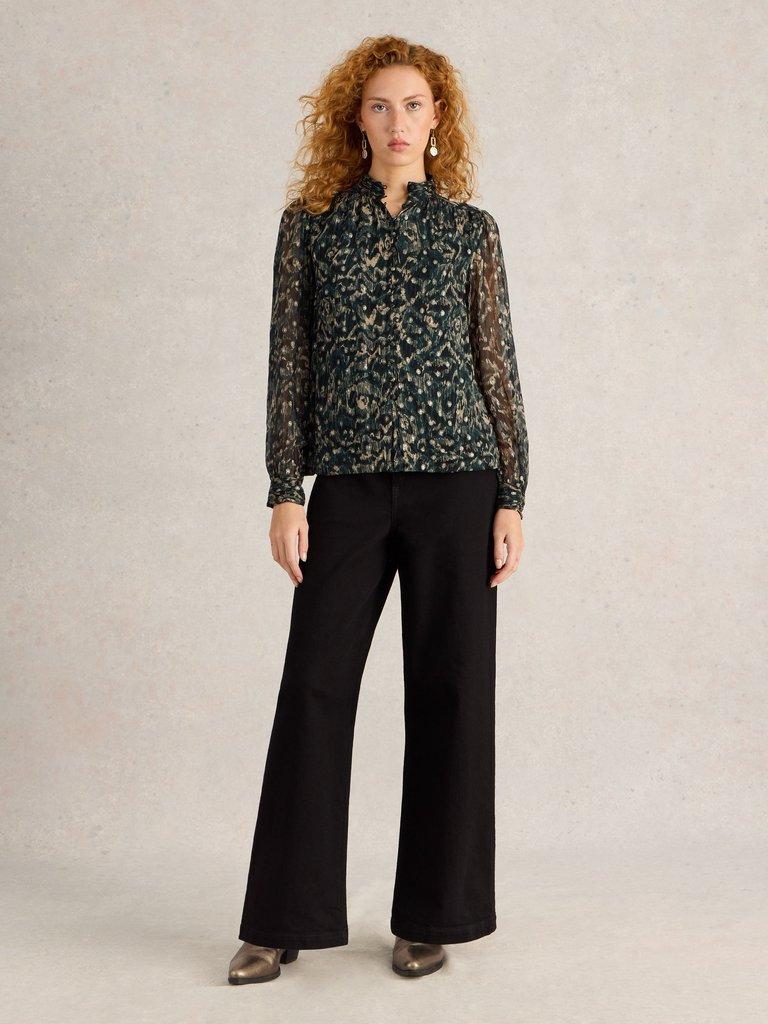 Mirabel Metallic Spot Top in BLK MLT - MODEL FRONT