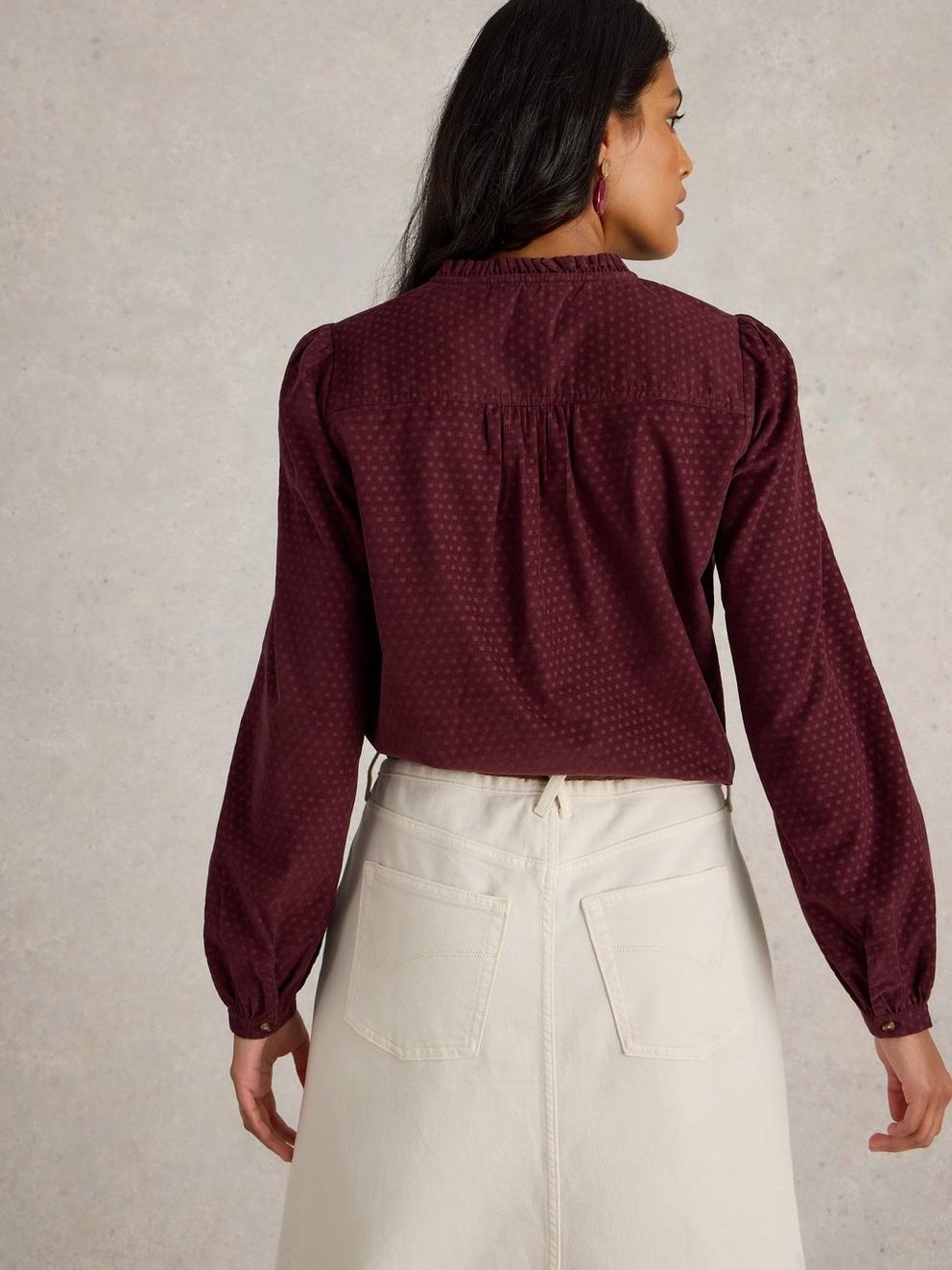 Daria Cord Spot Shirt in MID PLUM - MODEL BACK