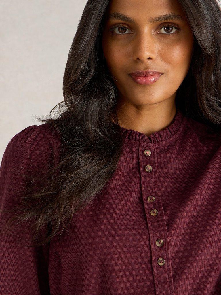 Daria Cord Spot Shirt in MID PLUM - MODEL DETAIL