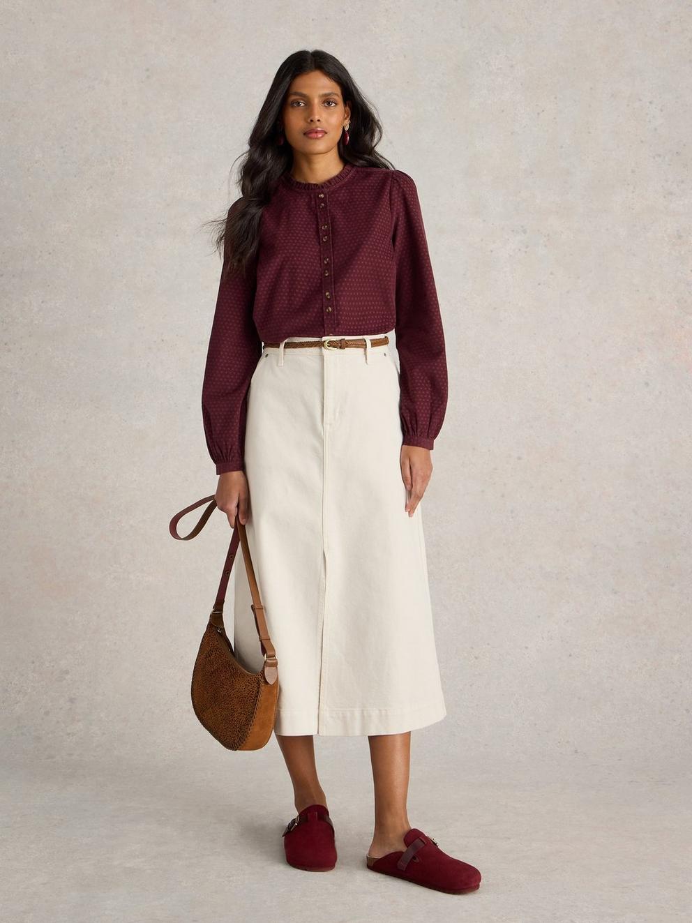 Daria Cord Spot Shirt in MID PLUM - MODEL FRONT