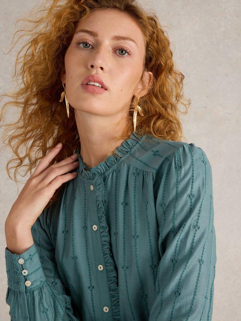 Aster Broderie Shirt in DUS GREEN - MODEL DETAIL